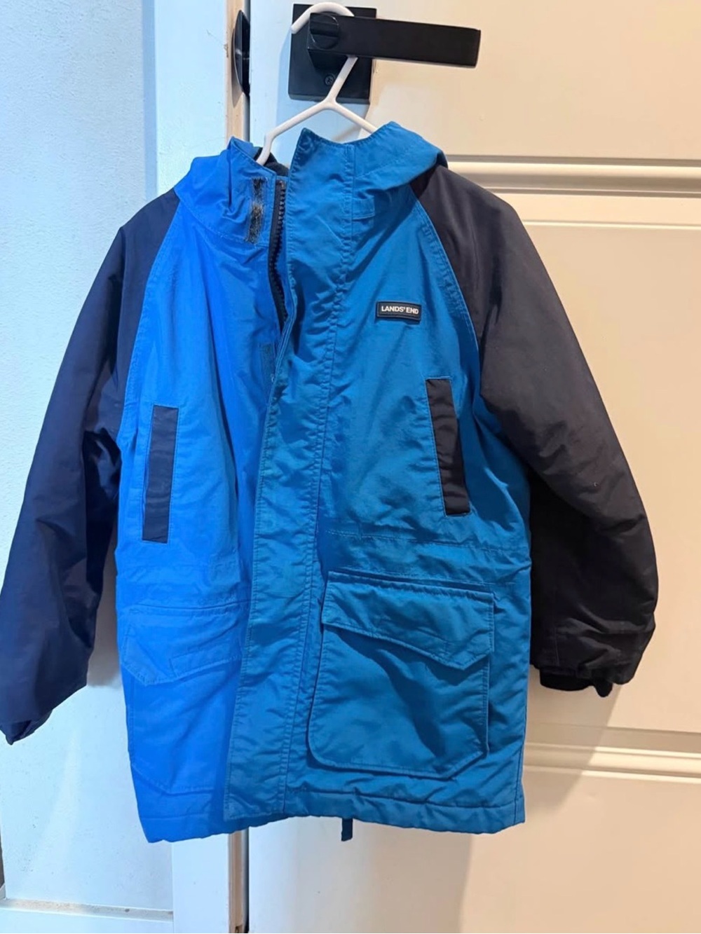 Lands' End Two-Tone Blue Kids Raincoat with Hood
